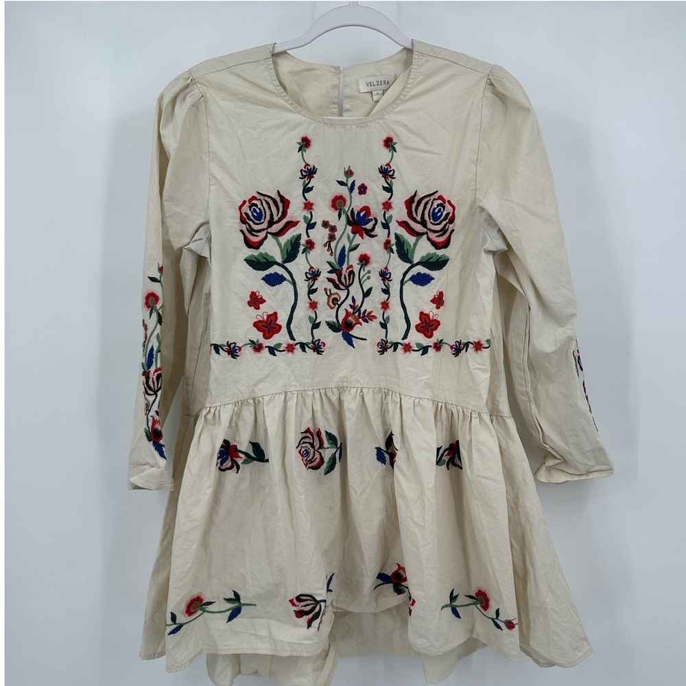 Womens Boho Embroidered Floral Peasant‎ Dress Sz S Folk Festival Whimsical Artsy